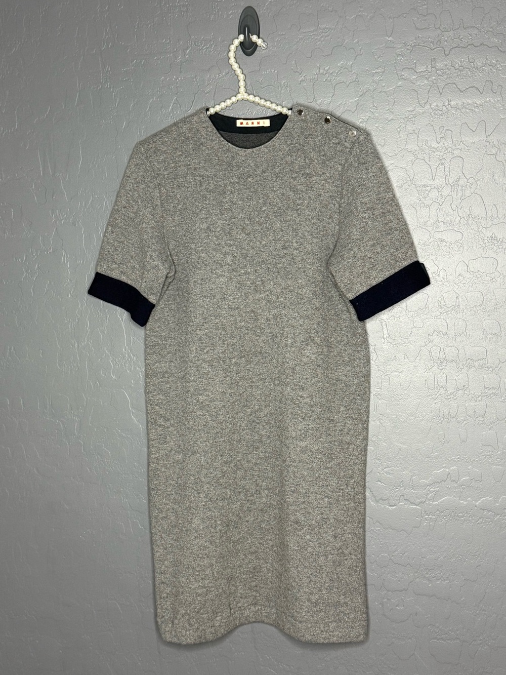 Marni Wool Heather Gray Midi Dress with Navy Trim
